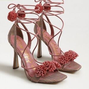 Lace Up Sandal with Pink Pompom Accents